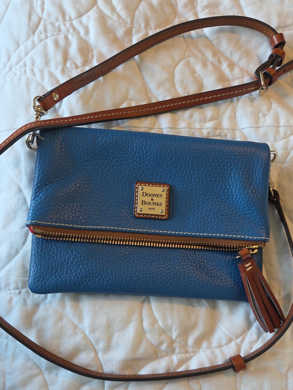 Dooney & Bourke Blue Pebbled Leather Crossbody with Tan Strap